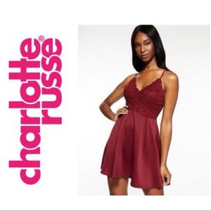 Wine Red Lace Bodice Skater Dress